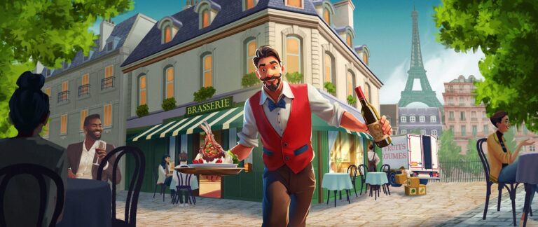 Chauffeur de serveur en terrasse de brasserie à Paris avec la Tour Eiffel en arrière-plan, proposant un environnement de jeu immersif sur Air-Gaming, plateforme de jeux vidéo en ligne.