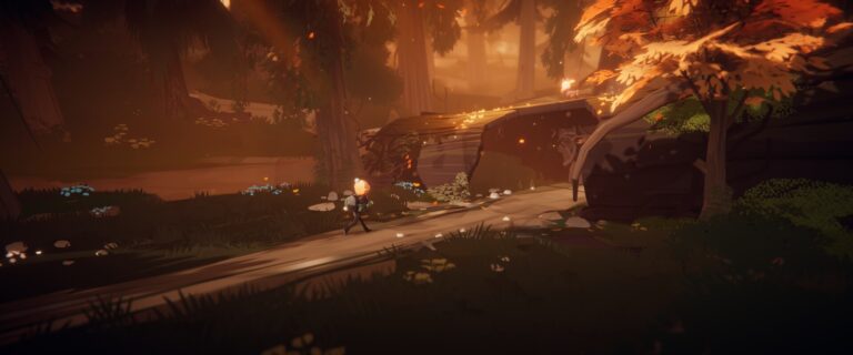 Forêt mystérieuse en style artistique, randonnée dans la nature, ambiance automnale, jeux vidéo immersifs, environnement virtuel, paysage forestier digital, aventure en plein air, ambiance chaleureuse, graphismes stylisés, exploration de la nature.