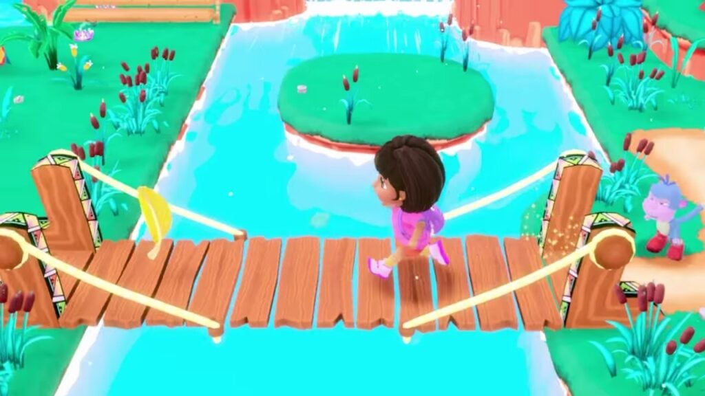 Coloré, pont en bois dans un jeu de plateforme ludique et enfantin, paysage verdoyant avec rivière, personnages cartoon, environnement interactif pour enfants, amusement en ligne, jeu vidéo familial, aventure pour enfants, graphismes mignons et captivants.