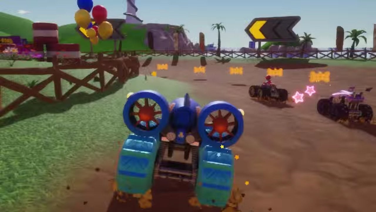 Véhicule de course en jouet rétro coloré dans un environnement de jeux vidéo Kartrider avec éléments de style cartoon et sensations de aventure ludique.