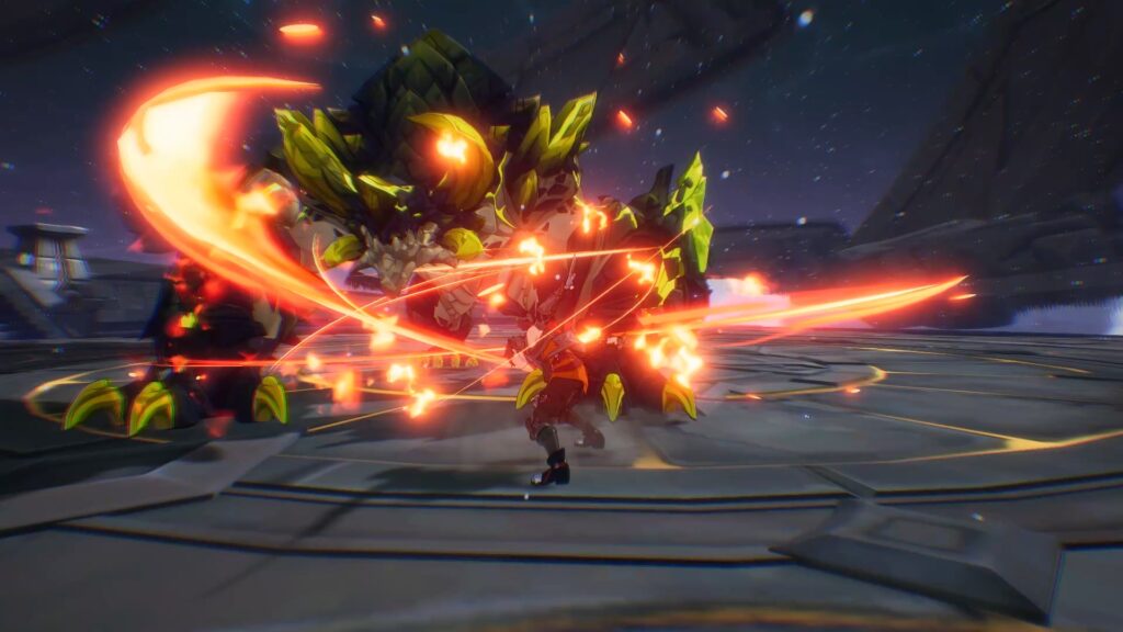 Un combat intense entre un héros et un gigantesque monstre mécanique dans un environnement sci-fi avec des effets visuels lumineux et dynamiques.