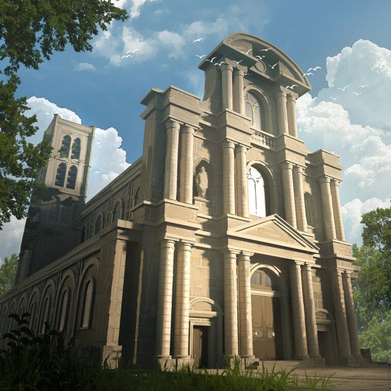 Ancien bâtiment en pierre avec architecture baroque, tours et colonnes, sous un ciel bleu avec des nuages, entouré de verdes arbres, dans un style de jeu d'aventure et exploration.