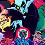 Skull avec chapeau, vampire et monstres effrayants dans un style cartoon pour le jeu vidéo.