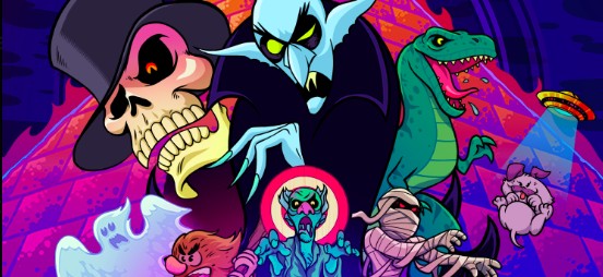 Skull avec chapeau, vampire et monstres effrayants dans un style cartoon pour le jeu vidéo.