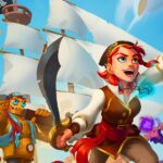 Jolie illustration de pirates, héros et robots avec voiliers, ambiance de bataille navale fantastique, parfaite pour gamers.