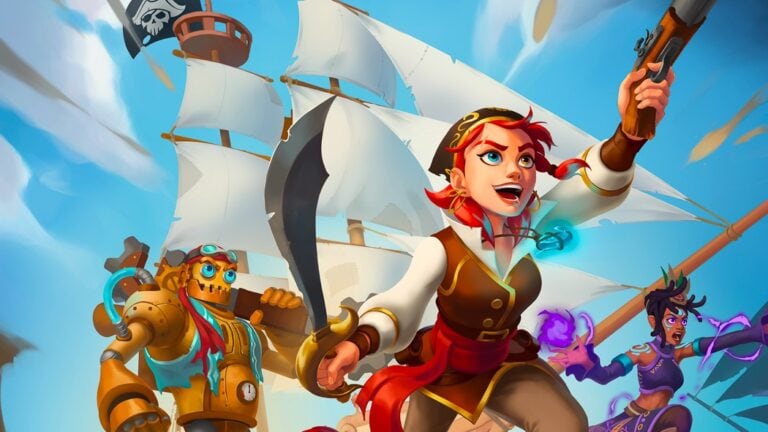 Jolie illustration de pirates, héros et robots avec voiliers, ambiance de bataille navale fantastique, parfaite pour gamers.