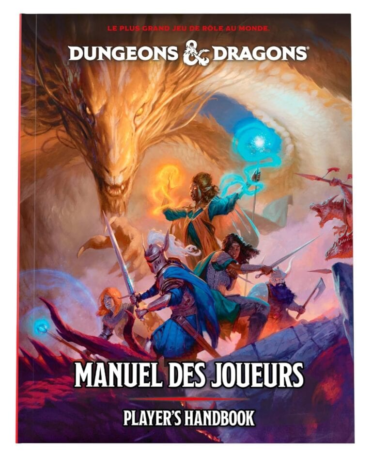 Manuel du jeu Dungeons & Dragons avec héros fantastiques combattant un dragon géant dans un paysage épique, illustration haute en couleur pour guides de jeu rôle et stratégie.