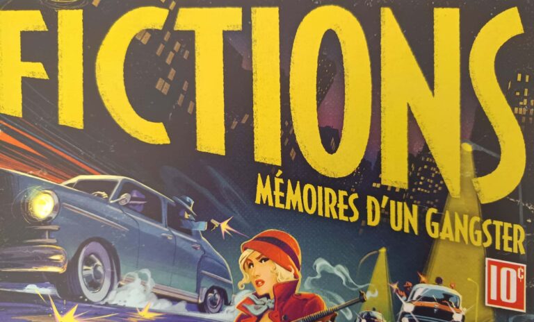 Fictions, jeu de société sur le thème des gangs et des fusillades, illustré avec une femme armée, voitures de course et ambiance urbaine nocturne, idéal pour les amateurs de jeux de stratégie et de gangsters.