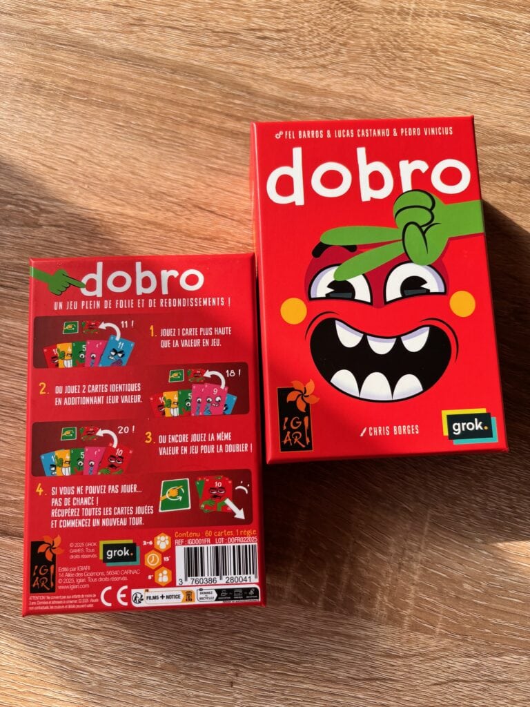 Jeu Dobro, jeu de cartes familial, coloré et ludique avec illustrations drôles, parfait pour jouer en famille ou entre amis, idéal pour tester ses compétences en calcul et stratégie.