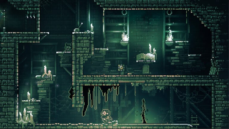Pixel art sombre d'un jeu vidéo d'action dans un univers de donjon avec un décor de briques et de chandelles.