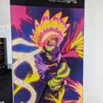 Vaporwave art promoting BeybladeX avec un personnage animé dynamique et coloré, parfait pour l'univers des jeux de bataille et de compétition.