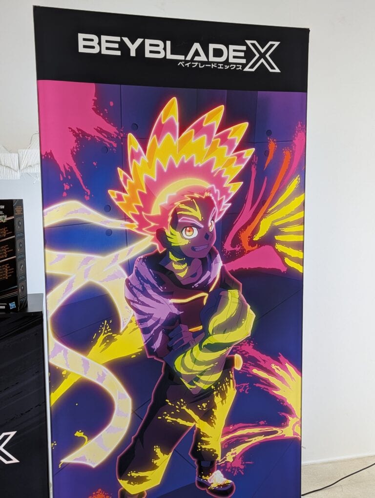 Vaporwave art promoting BeybladeX avec un personnage animé dynamique et coloré, parfait pour l'univers des jeux de bataille et de compétition.