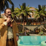 Luxus et détente dans un hôtel tropical avec piscine, palmier et décoration élégante, image pour plateforme de jeux vidéo, gaming, amusement, vacances et loisirs immersifs.