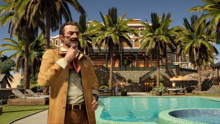 Luxus et détente dans un hôtel tropical avec piscine, palmier et décoration élégante, image pour plateforme de jeux vidéo, gaming, amusement, vacances et loisirs immersifs.