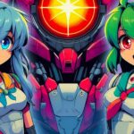 Panneau d'affichage de deux personnages d'anime avec robot géant dans un style futuriste, couleurs vives et design de jeux vidéo, mettant en valeur le thème du gaming et de la science-fiction.