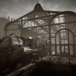 Vaisseau aérien rétro stationné devant une serre en verre ancienne, entourée d'une nature sauvage dans un environnement sombre et mystérieux, pour une expérience de jeu immersive.