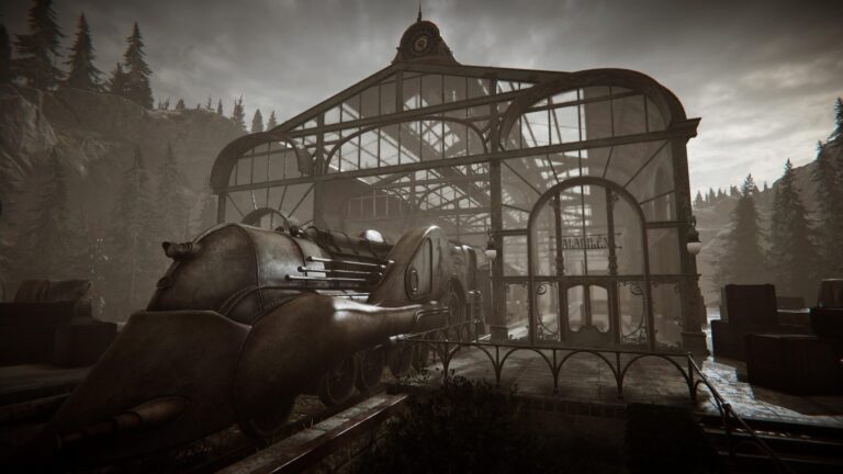 Vaisseau aérien rétro stationné devant une serre en verre ancienne, entourée d'une nature sauvage dans un environnement sombre et mystérieux, pour une expérience de jeu immersive.