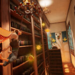 Librairie médiévale fantastique avec personnage volant et effets lumineux.