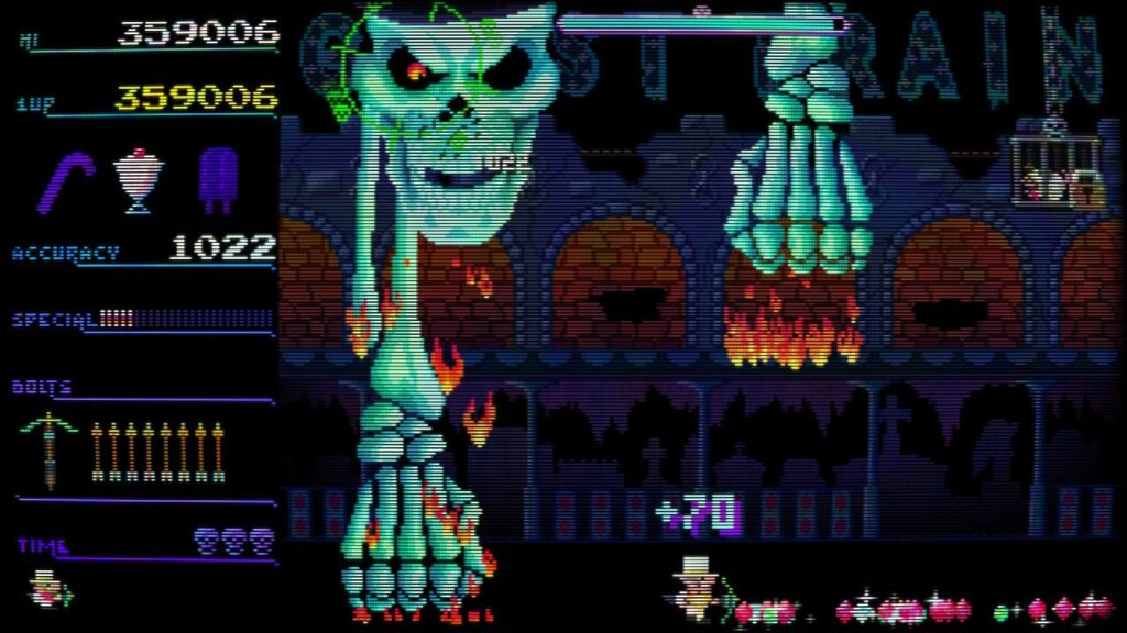 Monde sombre avec un squelette géant et flammes infernales.