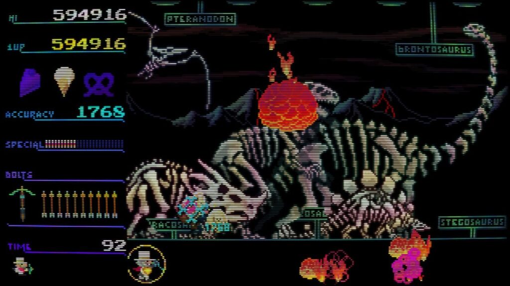 Capture d'écran d'un jeu vidéo arcade avec un dinosaure en pixel art coloré et vintage, illustrant un gameplay nostalgique et immersif.