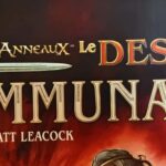 Joueur installant une partie de jeu de société Le Destin de la Communauté, illustré avec un fond de feu et de destruction, évoquant un univers d’aventure et de fantasy.