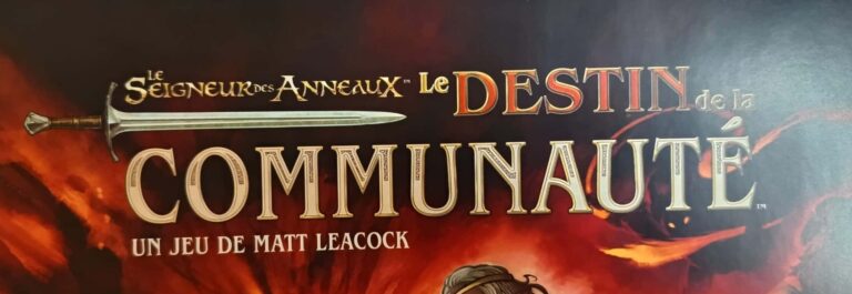 Joueur installant une partie de jeu de société Le Destin de la Communauté, illustré avec un fond de feu et de destruction, évoquant un univers d’aventure et de fantasy.