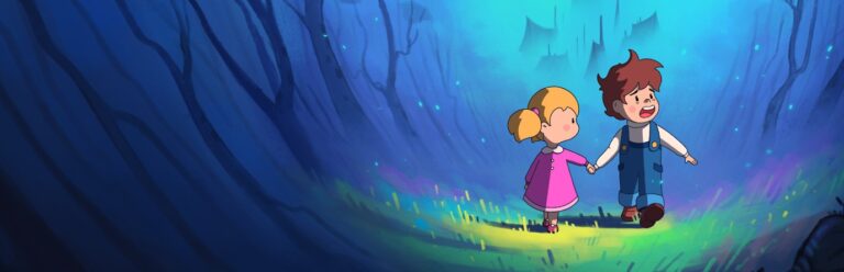 Une scène magique du jeu vidéo Air Gaming avec deux personnages enfantins explorant une forêt mystérieuse.