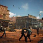 Portez un chapeau Cowboy dans un décor de ville de l'Ouest sauvage avec des personnages interactifs, chevaux, et bâtiments en bois dans une ambiance de jeu vidéo rétro.