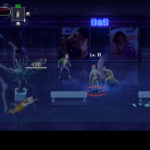 Illustration de jeu vidéo pixel art avec zombies et frappes électriques dans un décor nocturne urbain.