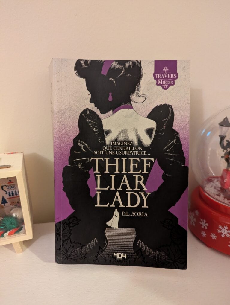 Couverture du roman "Theft Liar Lady" présentant une femme en silhouette avec peel noir et violet, évoquant suspense et intrigues.
