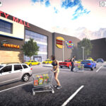 Balise alt : Vue d'un centre commercial moderne avec parkings, centres commerciaux, familles et véhicules sous un ciel dégagé.