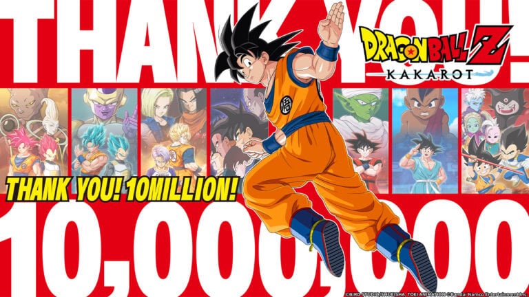 Vitrine d’images du jeu vidéo Dragon Ball Z Kakarot, héros Goku en action, characters iconiques, graphismes colorés, pour fans et gamers, célébrant 10 millions de joueurs.