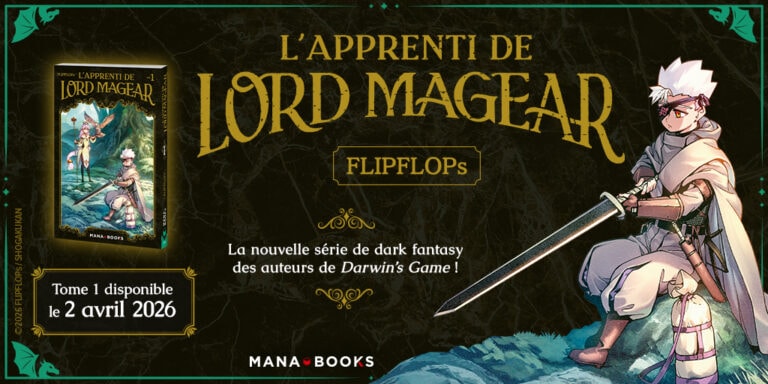 Alt_text: Illustration d'un jeune héros avec une épée, dans un univers dark fantasy, promotion d'une série de livres par MANA BOOKS.