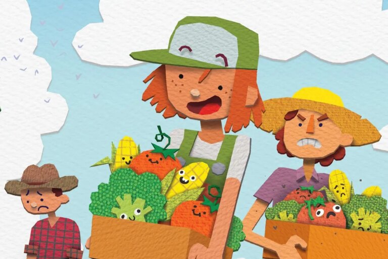 Enfants heureux avec paniers de légumes colorés, illustration joyeuse de jeu et alimentation saine, parfait pour promouvoir l'agriculture, la nutrition et le divertissement pour enfants.