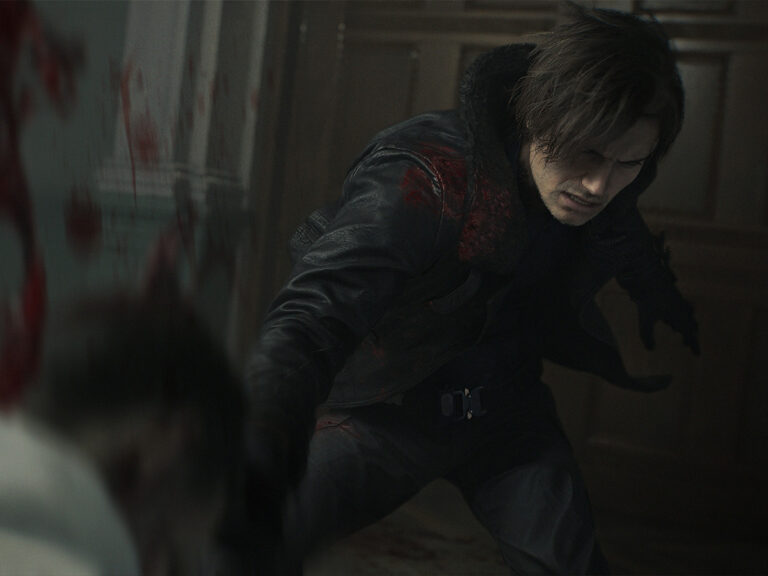 Alt: Personnage en cuir noir, blessé, lutte dans un environnement sombre et tendu, évoquant une scène de jeu vidéo d'action ou d'horreur.