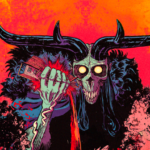 Image d’un personnage démoniaque avec un crâne, de longues cornes, et un décor sombre et intense, illustrant une ambiance de jeu vidéo sombre et épique. Style artistique vibrant et immersif pour fans de jeux vidéo et de culture pop.