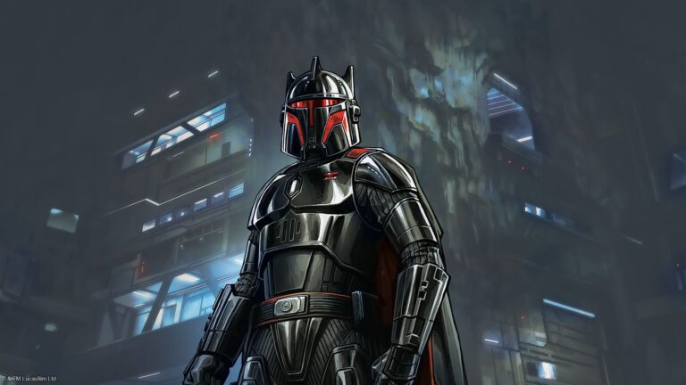 Un personnage en armure de Mandalorien dans un décor urbain futuriste, évoquant l'univers de Star Wars, avec des lumières bleues et une atmosphère immersive.