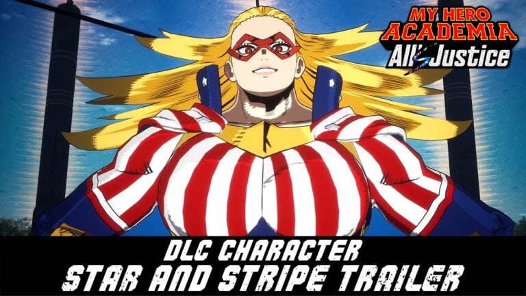 Personnage DLC d'All Might avec costume à rayures rouges et blanches, cheveux blonds et expression déterminée, dans une scène de trailer pour le DLC Star et Stripe.
