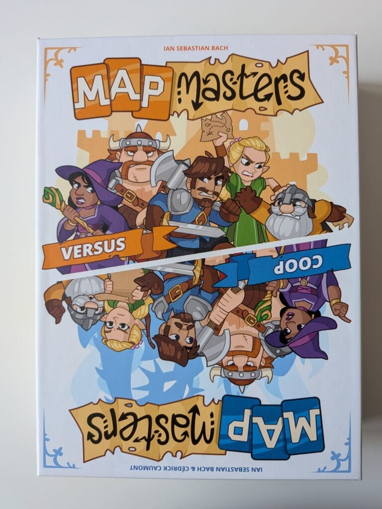 Jeu de société Map Masters illustré avec personnages de fantasy, idéal pour les amateurs de jeux de stratégie et de cartes, parfait pour des soirées conviviales.