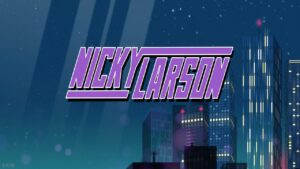 Affiche du jeu vidéo Nick Larson, un héros urbain dans un environnement nocturne avec des gratte-ciel illuminés, pour un jeu d'action et d'aventure.