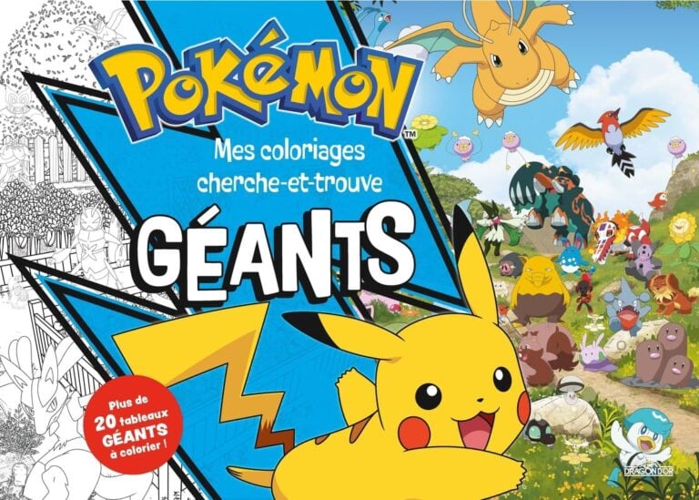 Pikachu et Pokémon dans un livre de coloriage géant pour enfants.
