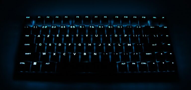 Clavier d'ordinateur rétroéclairé en mode gaming, illuminé en bleu, idéal pour jouer dans l'obscurité. Parfait pour les amateurs de jeux vidéo et de configurations de bureau modernes.