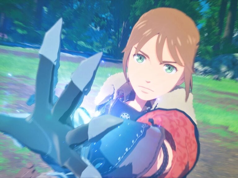 Une jeune aventurière dans un environnement naturel, prête à combattre avec une arme, illustrant l'action et l'exploration dans Monster Hunter Stories 3.