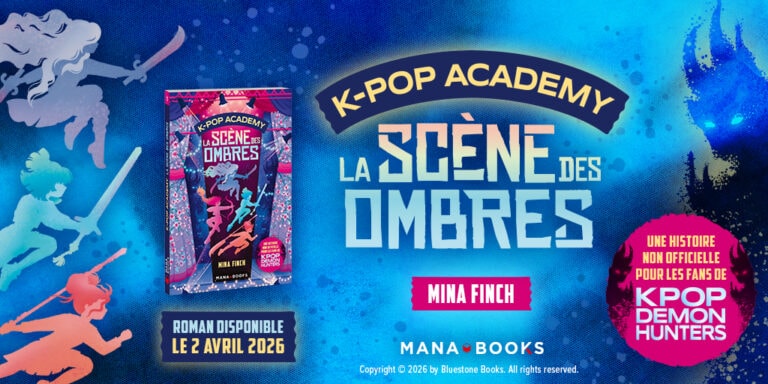 Illustration de la scène des ombres dans la K-Pop Academy, avec des silhouettes de danseurs et des éléments lumineux, évoquant l'univers mystérieux et dynamique de la K-Pop.