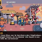 Personnages de jeu vidéo sur une plage avec des éléments de jeux, soleil couchant, ambiance détendue.