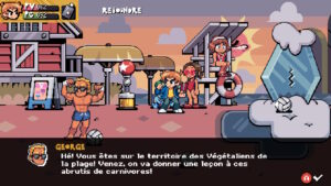 Personnages de jeu vidéo sur une plage avec des éléments de jeux, soleil couchant, ambiance détendue.