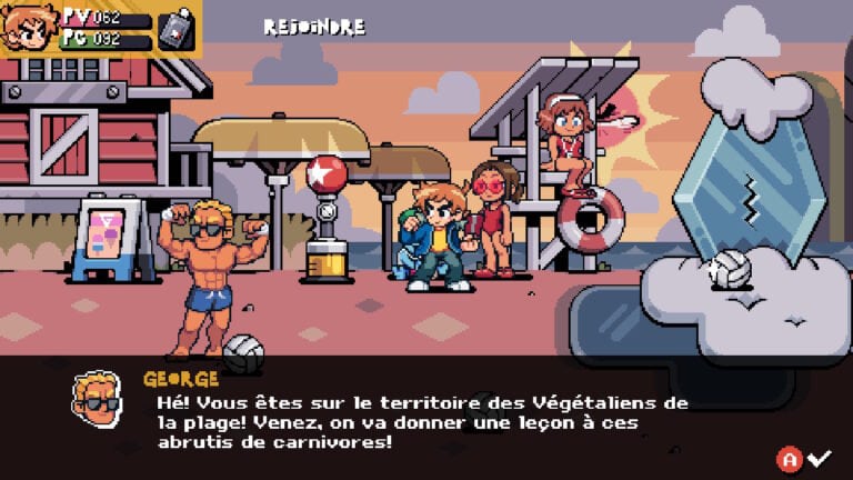 Personnages de jeu vidéo sur une plage avec des éléments de jeux, soleil couchant, ambiance détendue.