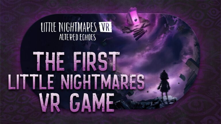 Capture d'écran du jeu Little Nightmares: Altered Echoes en réalité virtuelle, montrant une scène sombre et mystérieuse avec un paysage inquiétant et une silhouette d'enfant dans un décor effrayant.