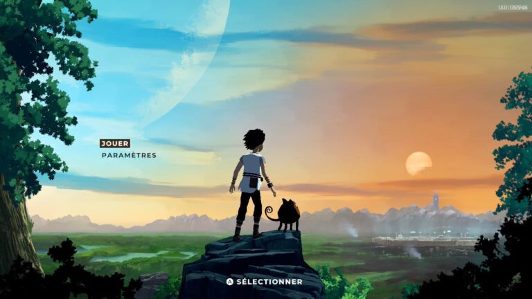 Personnage de jeu vidéo avec un chien sur un rocher, regardant un paysage fantastique au coucher du soleil, dans le contexte du jeu Planet of Lana II.