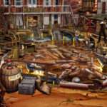 Table de flipper Western avec décor de saloon, cowboys et éléments de jeu vintage, évoquant l'ambiance du Far West pour les amateurs de pinball.